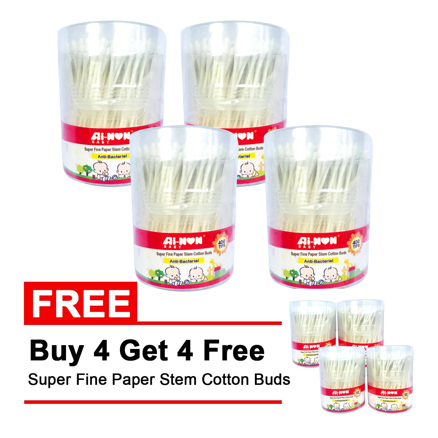 Ainon Baby Anti-bacterial Super Fine Paper Stem Cotton Buds BUY 4 GET 4 FREE (8 Packs x 200 PCS / 400 TIPS = total of 1600 PCS/ 3200 TIPS) Philippines