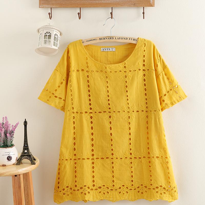 200 pound MM pakaian musim panas model baru Warna Polos Kotak-Kotak bordir berongga Atasan adik perempuan gemuk lengan pendek ukuran besar kerah bulat baju kaos wanita