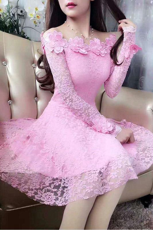 Đầu Thu Mẫu Mới Lập Thể Bông Hoa Áo Ngang Vai Ren Váy Công Chúa Nữ Ôm Body Tôn Dáng Đầm Đầm Dự Tiệc Dài Tay Thủy Triều