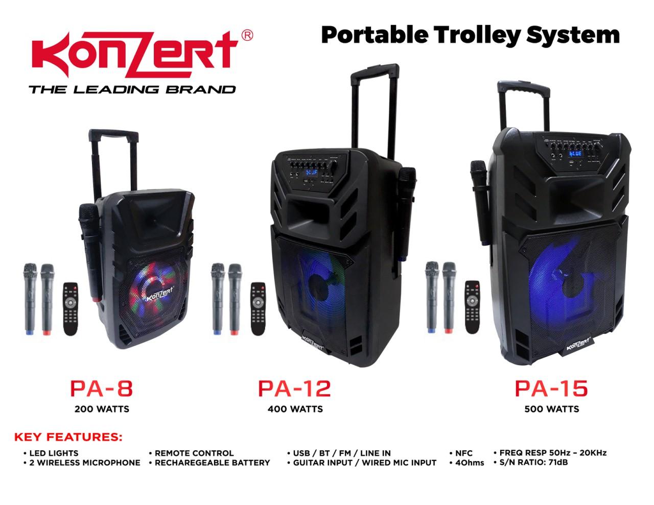Konzert PA12 12" 400W Powered Portable Trolley Speaker With 2 Wireless