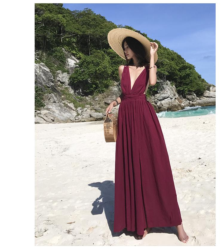 New Holiday Dress Women High-end Fashion Elegant Deep V-neck Sexy Backless Dresses Chiffon Split Long Beach Dress