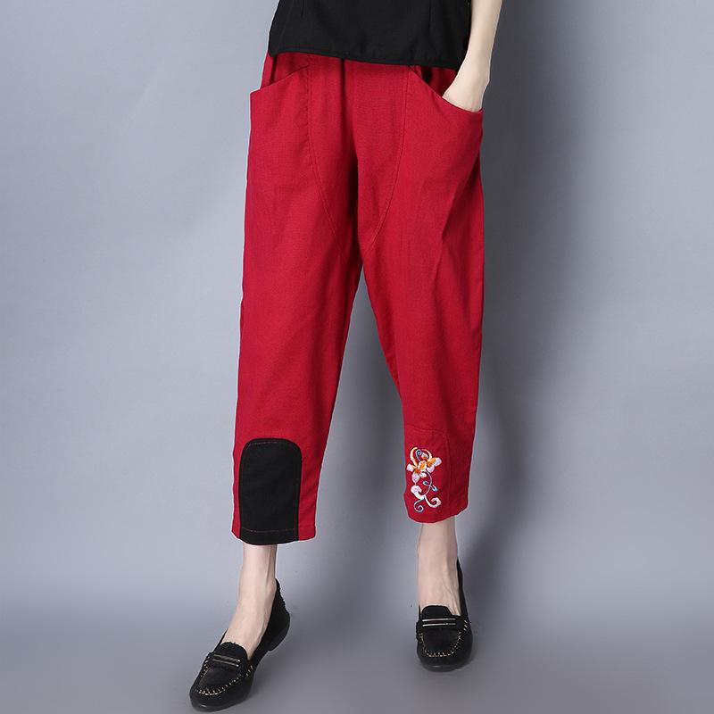 Longgar Kapas dan Harem Linen Celana Lobak Gantung File Sembilan Celana Emblem Bordir Celana EJ276-Intl