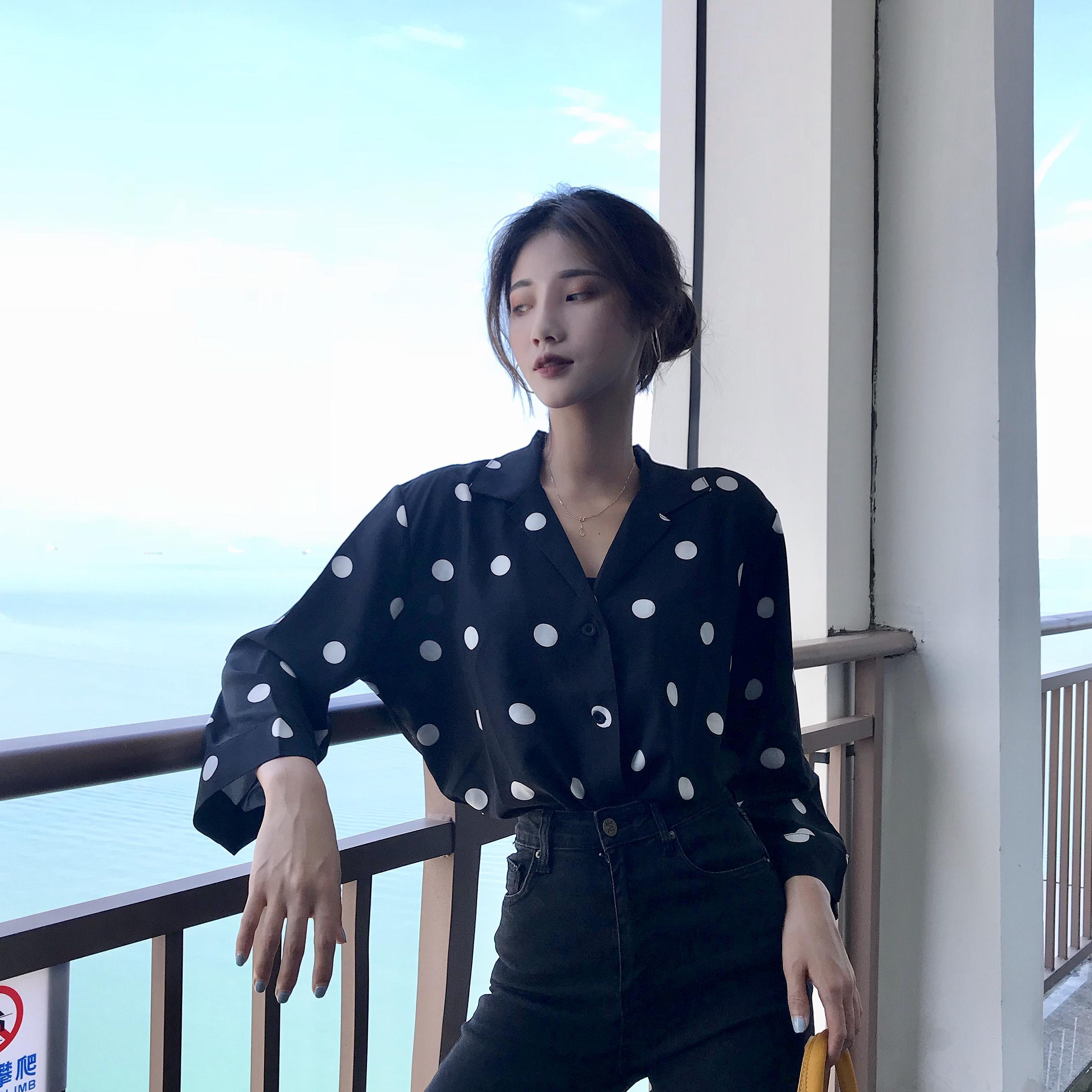 Rp 165.600. Musim Panas Korea Selatan Retro Elegan Polkadot Lengan Tanggung Kemeja 2018 Musim Panas Kerah Jas Longgar ...