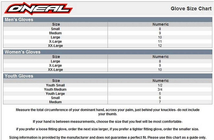 Oneal Mx Glove Size Chart