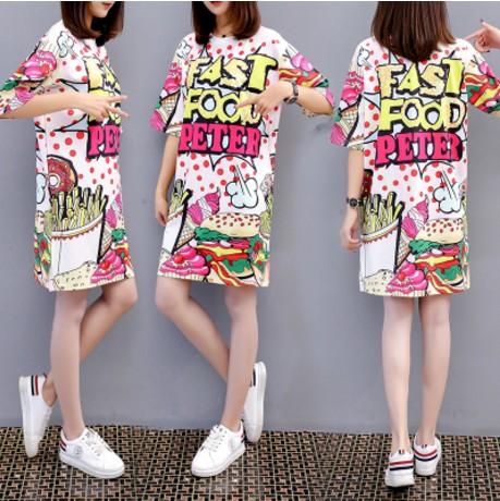 Merek Trendi Thailand 2018 Musim Semi dan Musim Panas Item Baru Kartun Doodle Bersablon Model Setengah