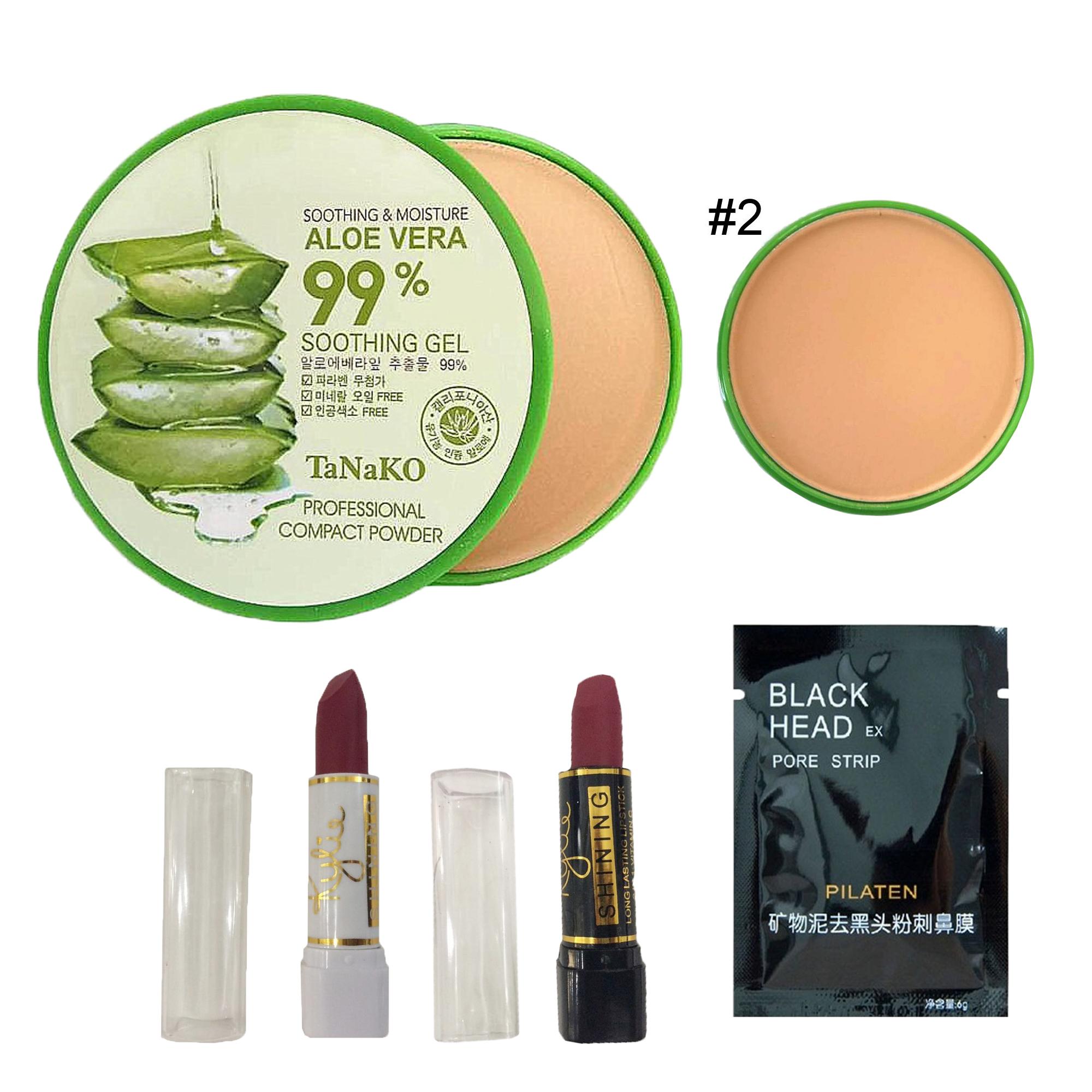 MAKEUP BUNDLE 99% Aloe Vera Soothing & Moisture Compact Powder #02 12g + 2 Pcs, Lipstick FREE 1 Sachet Pilaten Philippines