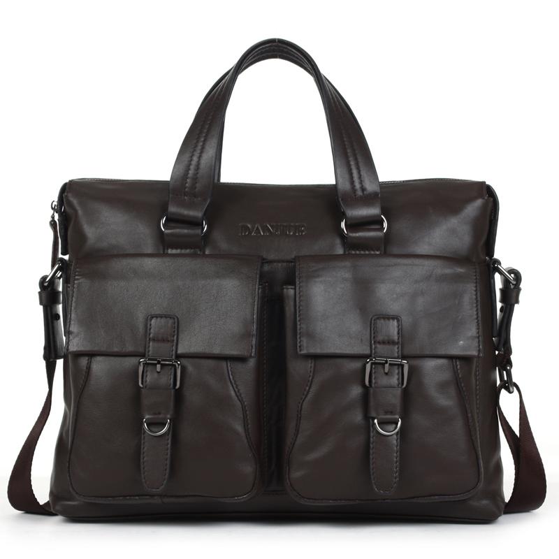 OEM Danjue Pria Bisnis Tas Kantor Kulit Asli Laki-laki Berkapasitas Besar Tas Tangan Tas Mode Pria Double Bag Tas Selempang Pria (Moka)