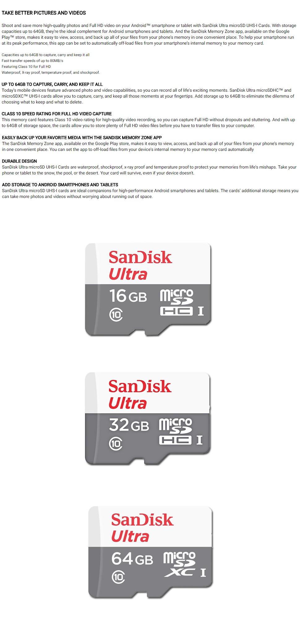 Specifications Of SanDisk Ultra Micro SDHC 16GB Class 10 UHS I Memory Card SDSQUNS