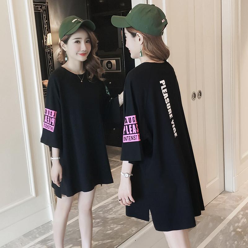 Ukuran besar longgar model setengah panjang Lengan sedang warna hitam rok kaus mm bersablon Kaos Atasan baju wanita jalanan BF angin musim semi
