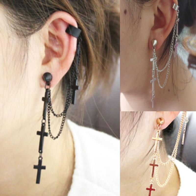 Material: Alloy Long Chain Length: 14cm. Short Chain Length: 11cm. Crosses Size: 2.2*1cm. Color: Black, Gold, Silver? Package included: 1pc Ear Stud