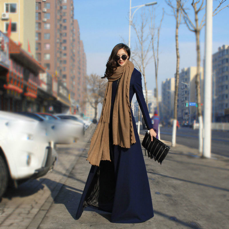Long Woolen Coat Slim Winter Jacket Floor Length Outerwear Extra