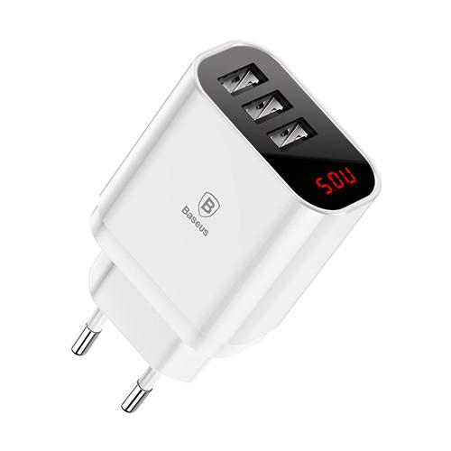 BASEUS untuk iPhone Samsung Xiaomi Telepon Seluler 2.4A Max Layar LED 3 Port Charger USB Dinding Charger Cepat Pengisian (Uni Eropa)