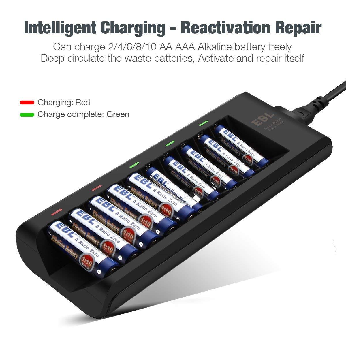 EBL 10-Bay Alkaline Battery Charger with LED Status Indicators for  Rechargeable AA and AAA Alkaline Batteries