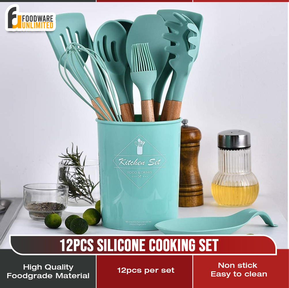 Silicone Cooking Utensils Wooden Handle, Nonstick Utensil Resistant