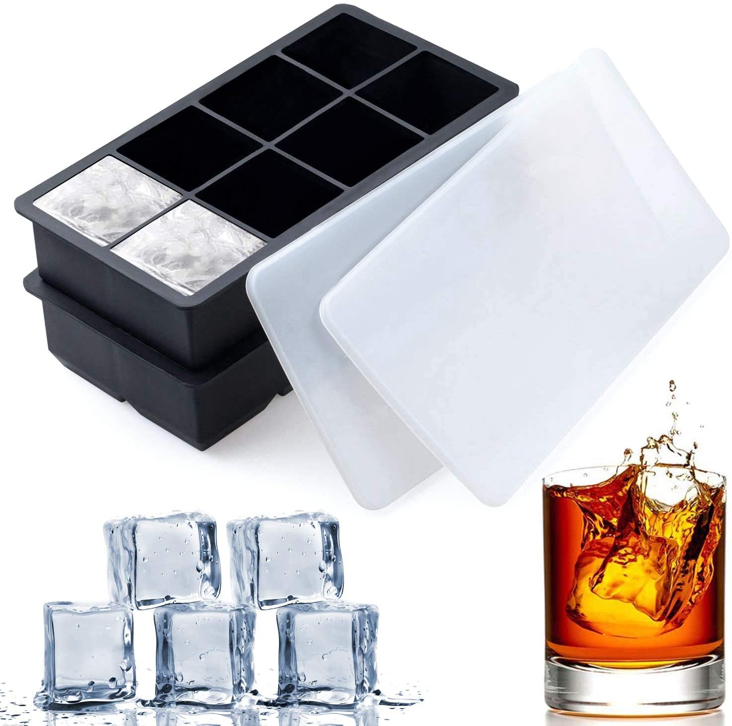 Stackable Flexible Ice Trays with Removable Lids 2 Pack Silicone Ice Cube Tray Blue Dishwasher Safe Ice Molds Ice Cube Trays Easy Release BPA Free Silicone Ice Cube Tray for Whiskey and Cocktail 