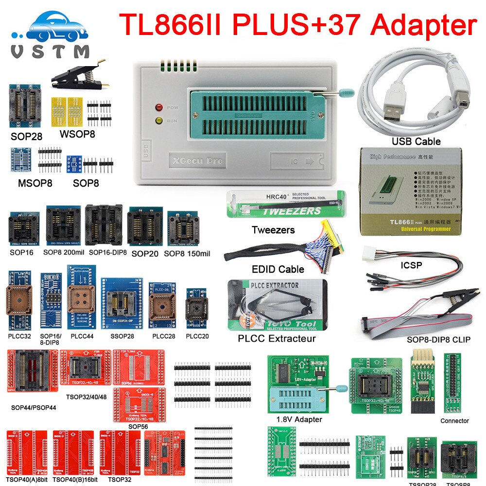 4 2021 Newest Original V11.9 TL866II Plus Universal Programmer+Full Adapters+SOP8 IC Clip High Speed Flash EPROM Programmer