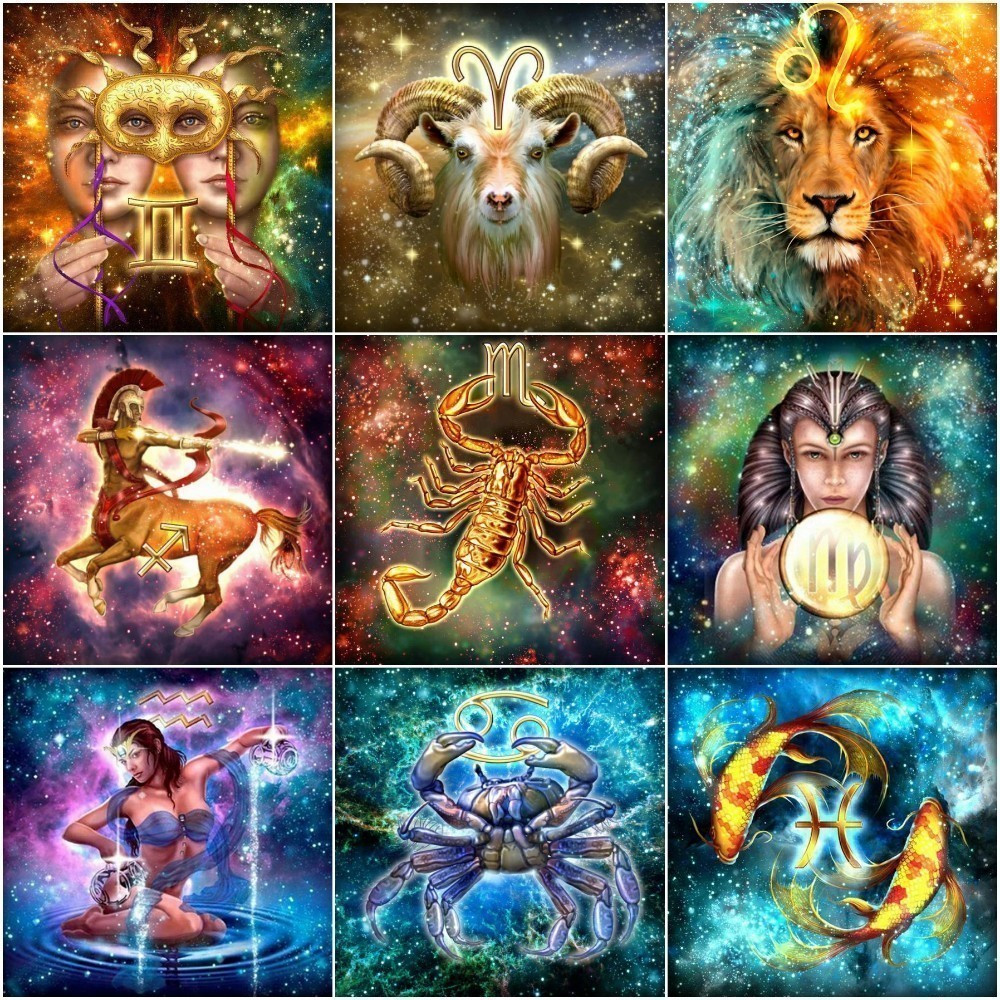 Lion Handcraftของแต่งบ้านปักCross Stitch 5Dภาพวาดเพชร12 ConstellationsคริสตัลRhinestone