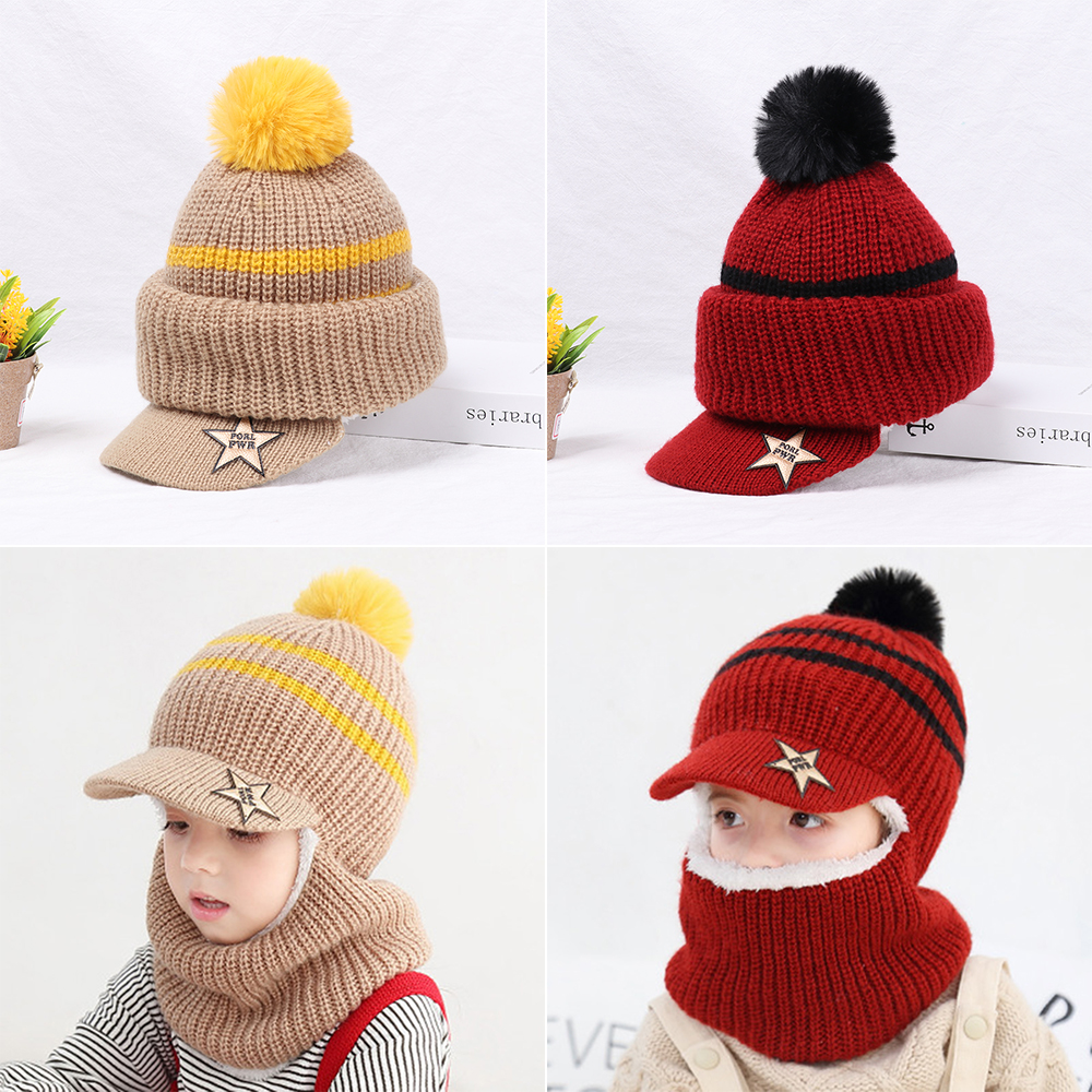 F8C503Y Aged 2-5 Winter Warm Windproof Knitted Beanie Hat Balaclava Hat Scarf Boy Girl Baby Hat Fleece Lining Caps