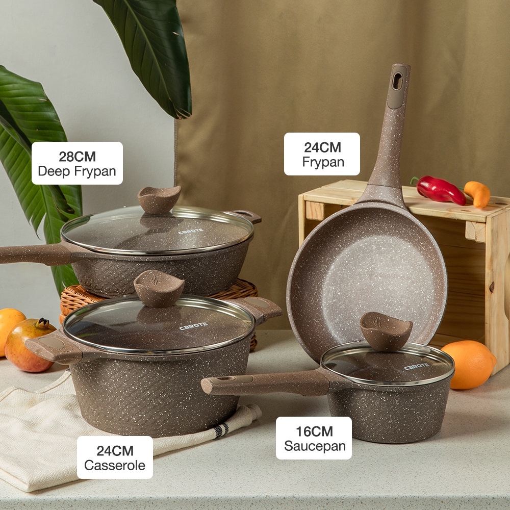 Carote Non Stick pan kitchen cookware set 3/4 pieces Brown Kawali wok  Induction Gas stove Terra