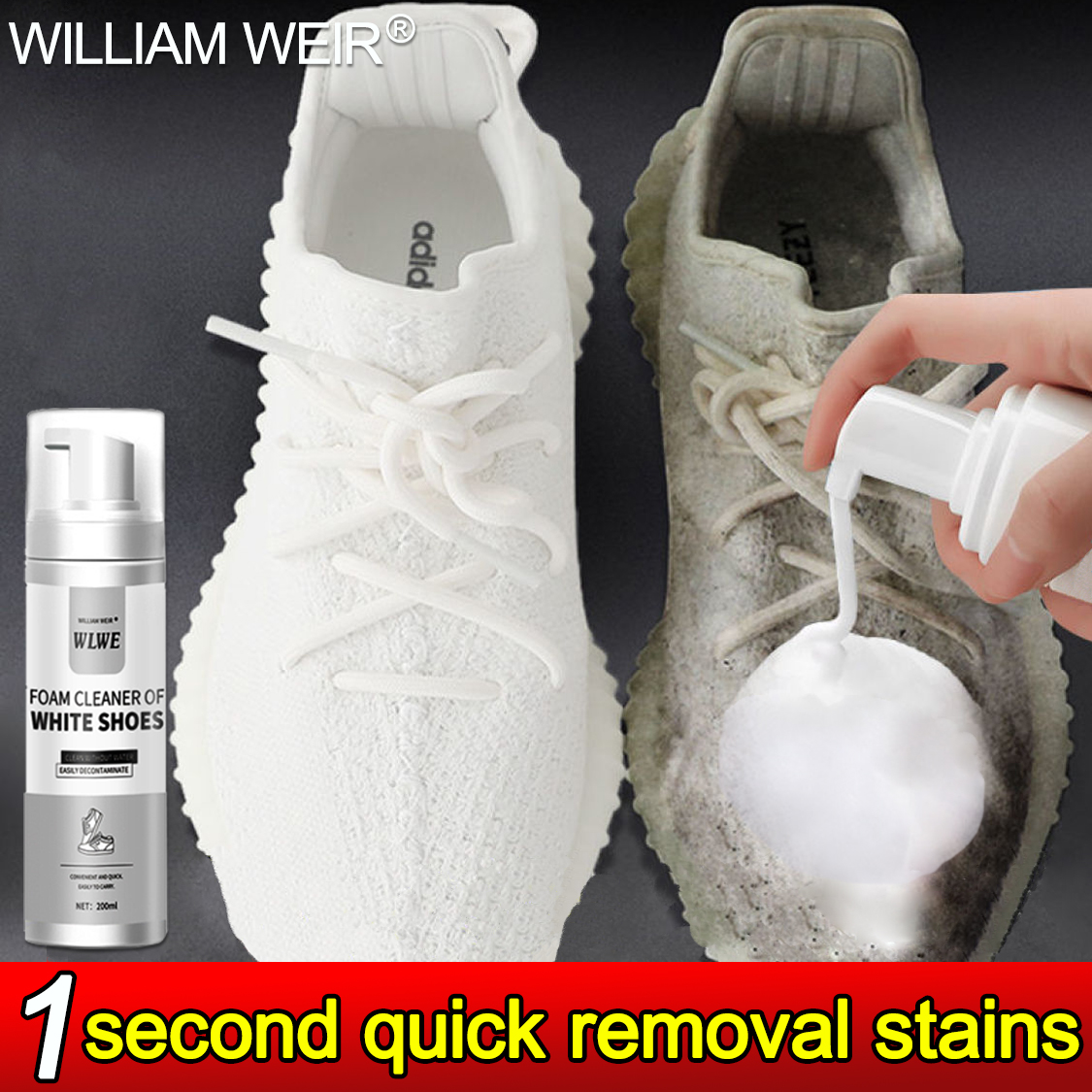 No-wash strong decontamination] WILLIAM WEIR white shoes cleaner 200ml No  water washing easy to carry Quickly remove stains( shoe cleaner for white  shoe whitening sneakers rubber cleansing gel foam cleaner spray leather