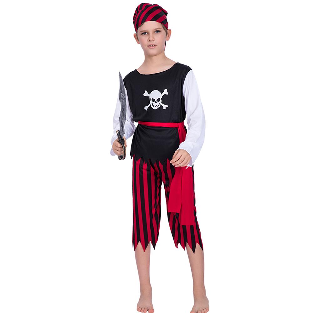 Child Halloween Skull Pirate Costume Shirt + Pants + Belt + Bandana Kit Masquerade Costume Cosplay Party Props--M Size for 5-7 Years Old Kids