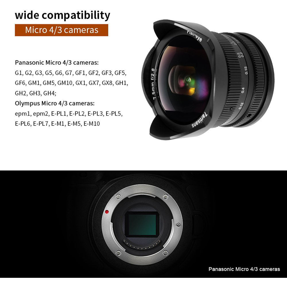 7artisans 7.5mm F2.8 APS-C Wide Angle Fisheye Fixed Lens for Compact Mirrorless Cameras Panasonic Micro 4/3 MFT Mount G1 G2 G3 G5 G6 G7 GF1 GF2 GX1 GX7 GM1 GM5 GH1 GH4 GH5-Black 
