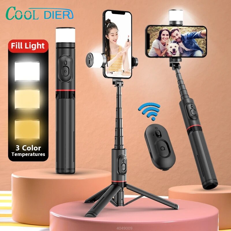 Mát Dier q12s có thể gập lại không dây Selfie Stick Chân máy đơn Bluetooth với màn trập từ xa đèn chiếu sáng phụ tripod cho IOS 2023 mới