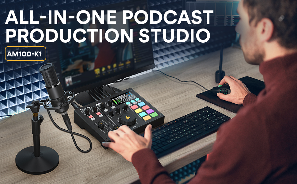 sound　for　Lite　PC,　MAONO　audio　card　and　3.5mm　mixer　with　interface　Podcast　XLR　Production　with　Live　AM100　microphone　ALL-IN-ONE　sound　Streaming,　card　Jack　Portable　Studio　DJ　Guitar,　,Maonocaster　6.35mm
