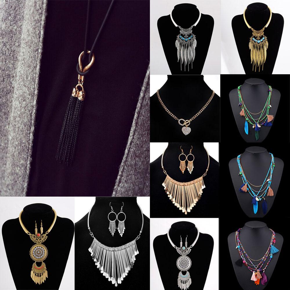 Vòng Cổ Phong Cách Boho Mới Bộ Trang Sức Punk Kim Loại Cho Nữ Nữ, Vòng Cổ Hạt Nhiều Lớp Áo Len Mặt Dây Chuyền Tua Rua Lông Vũ Pha Lê