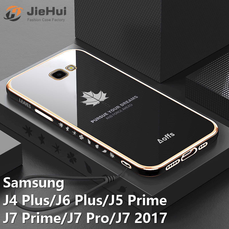JieHui Lá Phong mạ điện + Dây buộc phù hợp với Samsung Galaxy J4 Plus/J6 Plus/J7 Prime/J5 Prime/J7 Pro/J7 2017 Ốp điện thoại TPU mềm mạ crôm sang trọng