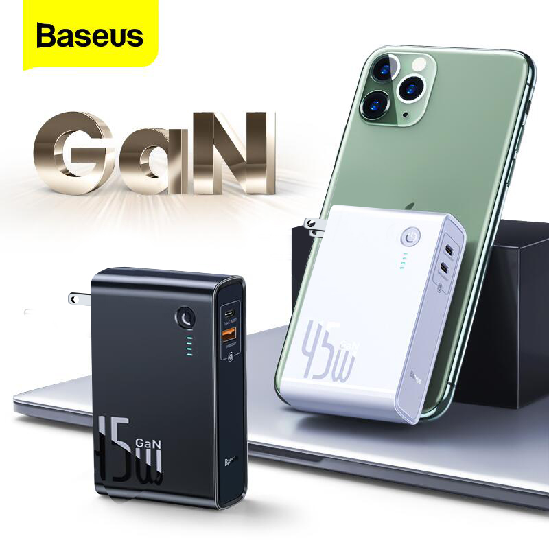 [แถมฟรีสาย60W] Baseus GaN 45W แบตสำรอง10000MAh Type C PD Fast USB ที่ชาร์จแบตสำรองโทรศัพท์มือถือแบตเตอร์รี่นอกที่ชาร์จสำหรับไอโฟน12 Pro Max 11 Xiaomi