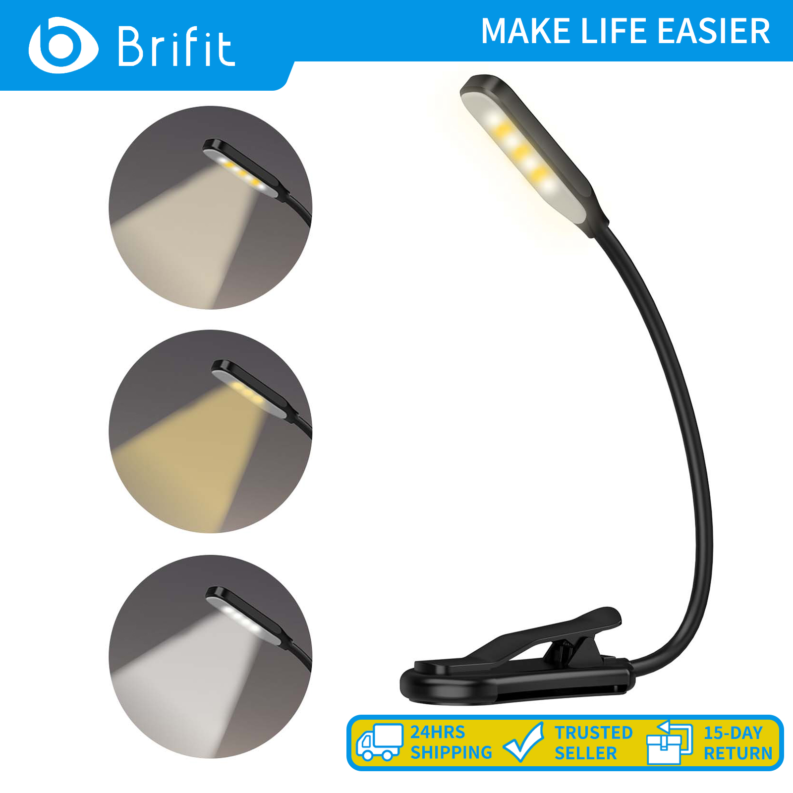 Brifit Đèn sách nhỏ có thể sạc lại 7 đèn LED Kẹp trên đèn đọc sách Đèn đọc sách linh hoạt với 3 màu ánh sáng Chăm sóc mắt chuyên nghiệp Đèn bàn nhẹ