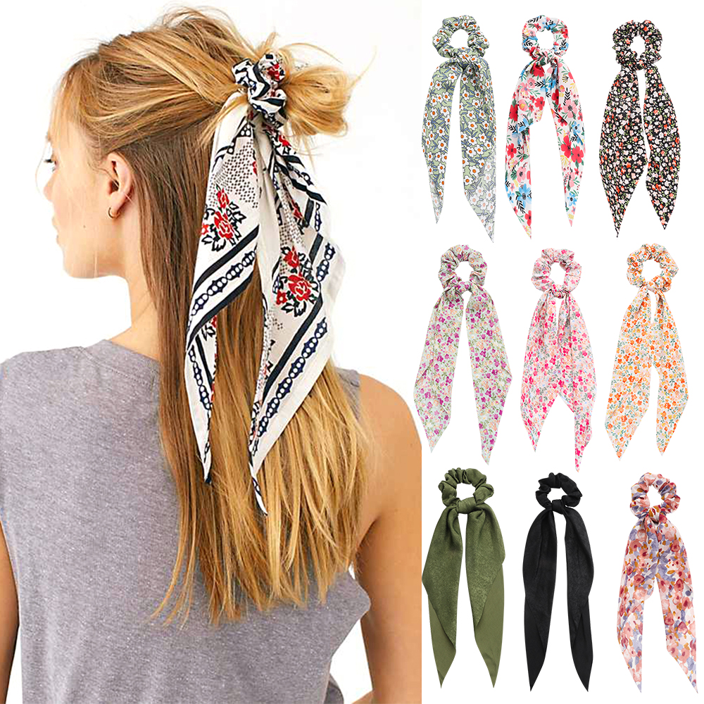 ZBRTDR แฟชั่นโบว์ริบบิ้น Scrunchie อุปกรณ์เสริมผม Boho ดอกไม้พิมพ์ Scrunchies ริบบิ้นยาวยางรัดผมหางม้าผ้าพันคอผมวงยืดหยุ่น