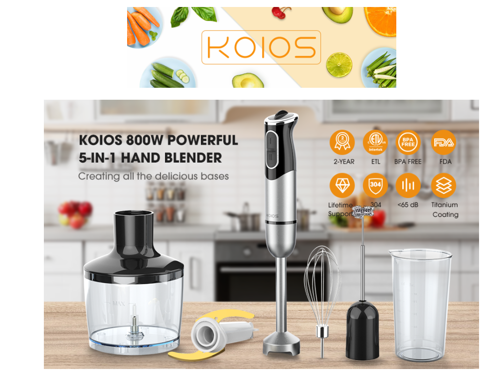 KOIOS 800W Immersion Hand Blender, Multifunctional 5-in-1 Low Noise Stick  Mixer, 9-Speed, Stainless Steel, Titanium Plated, 600ml Mixing Beaker,  800ml Chopper, Egg Whisk and Milk Frother 