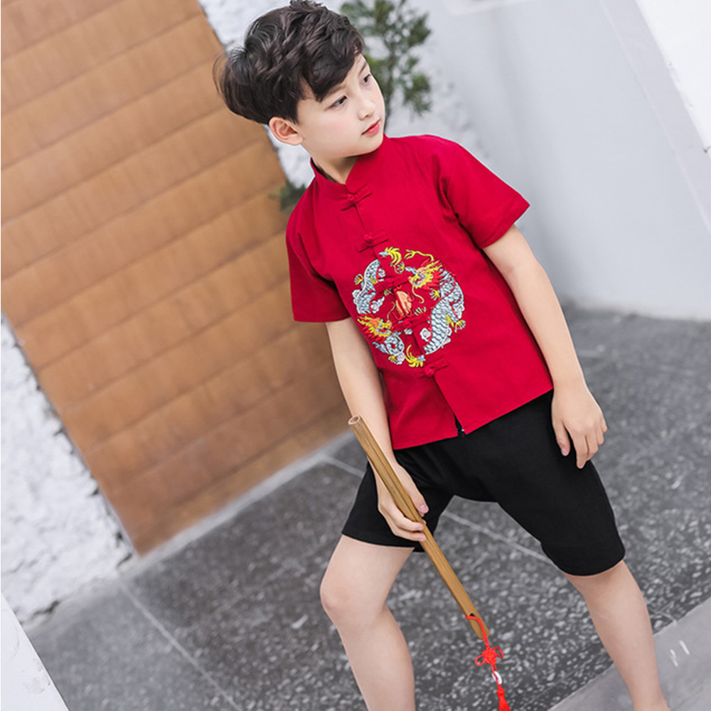 T1UZOLD เด็กปักสไตล์จีนฤดูร้อนแบบดั้งเดิมชุดเด็ก Hanfu ชุด2ชิ้นชุดชุดเด็กชาย