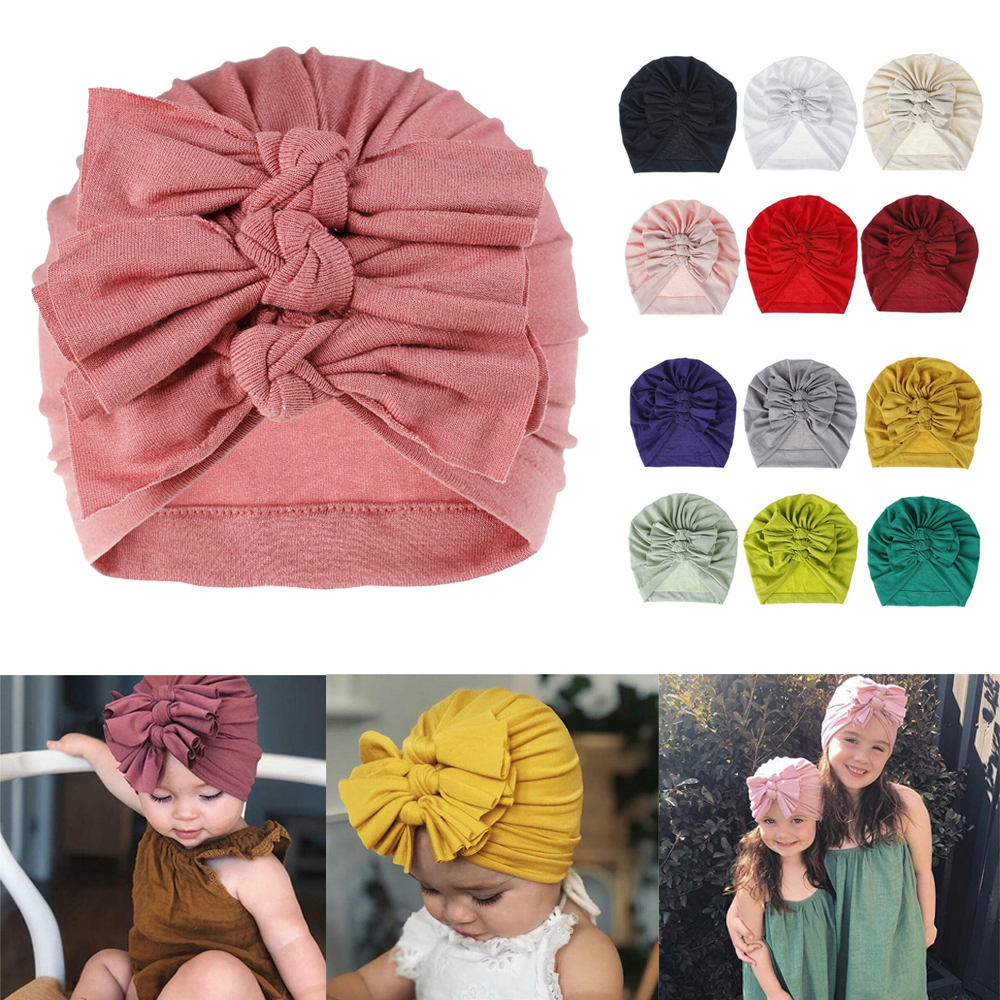 MILDNESS DIGITAL GOODS Soft Turban Three Bowknot Infant Newborn Headband Hat Head Wrap Knot Headband Baby Beanie Hat