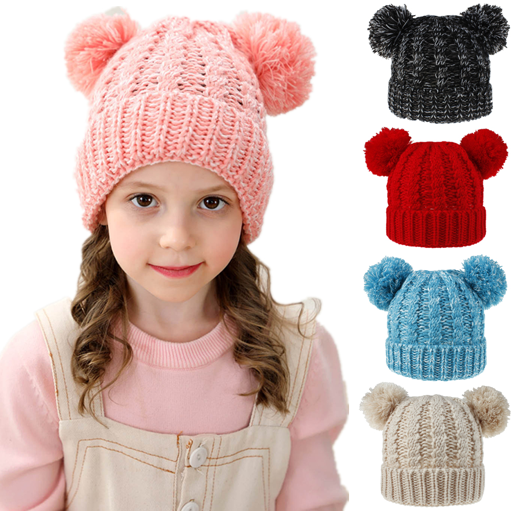 ARQEAR529453 Fashion Pom Pom Ears Baby Girl Crochet Kids Hats Children Winter Cap Knitted Infant Toddler Beanies