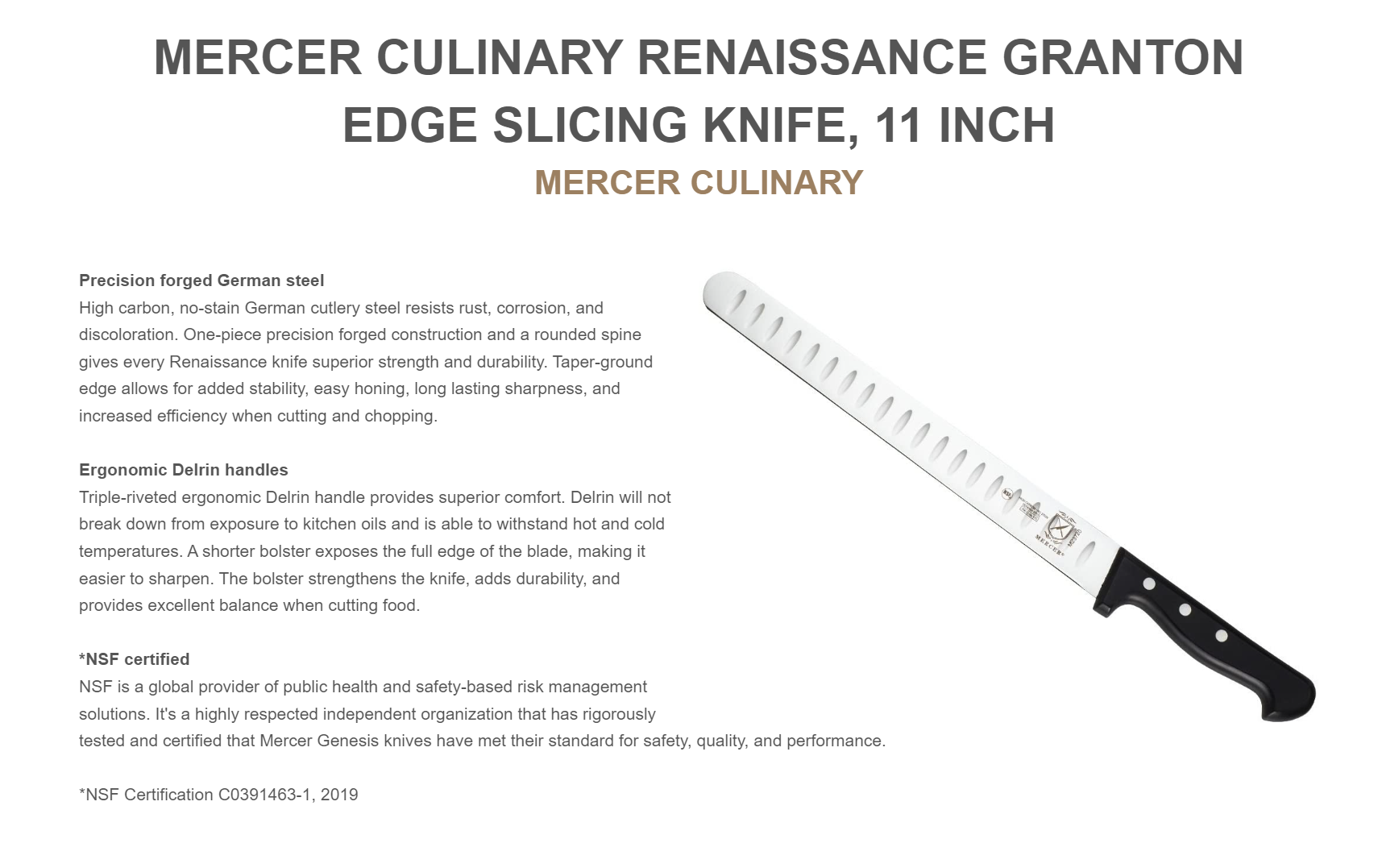 Mercer Culinary M23720 Renaissance, 11-Inch Granton Edge Slicing Knife