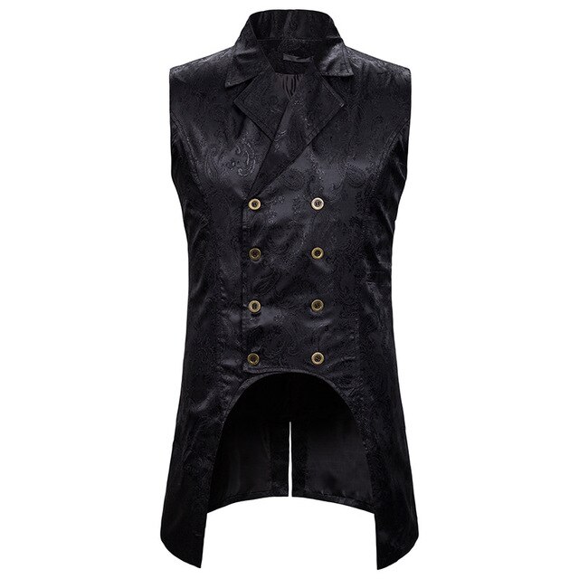 สีแดงไวน์ Paisley Jacquard เสื้อกั๊กแขนกุดแขนยาวชายคู่ Breasted Lapel ผ้าเสื้อกั๊ก Waistcoat Mens Gothic Steampunk Tailcoat