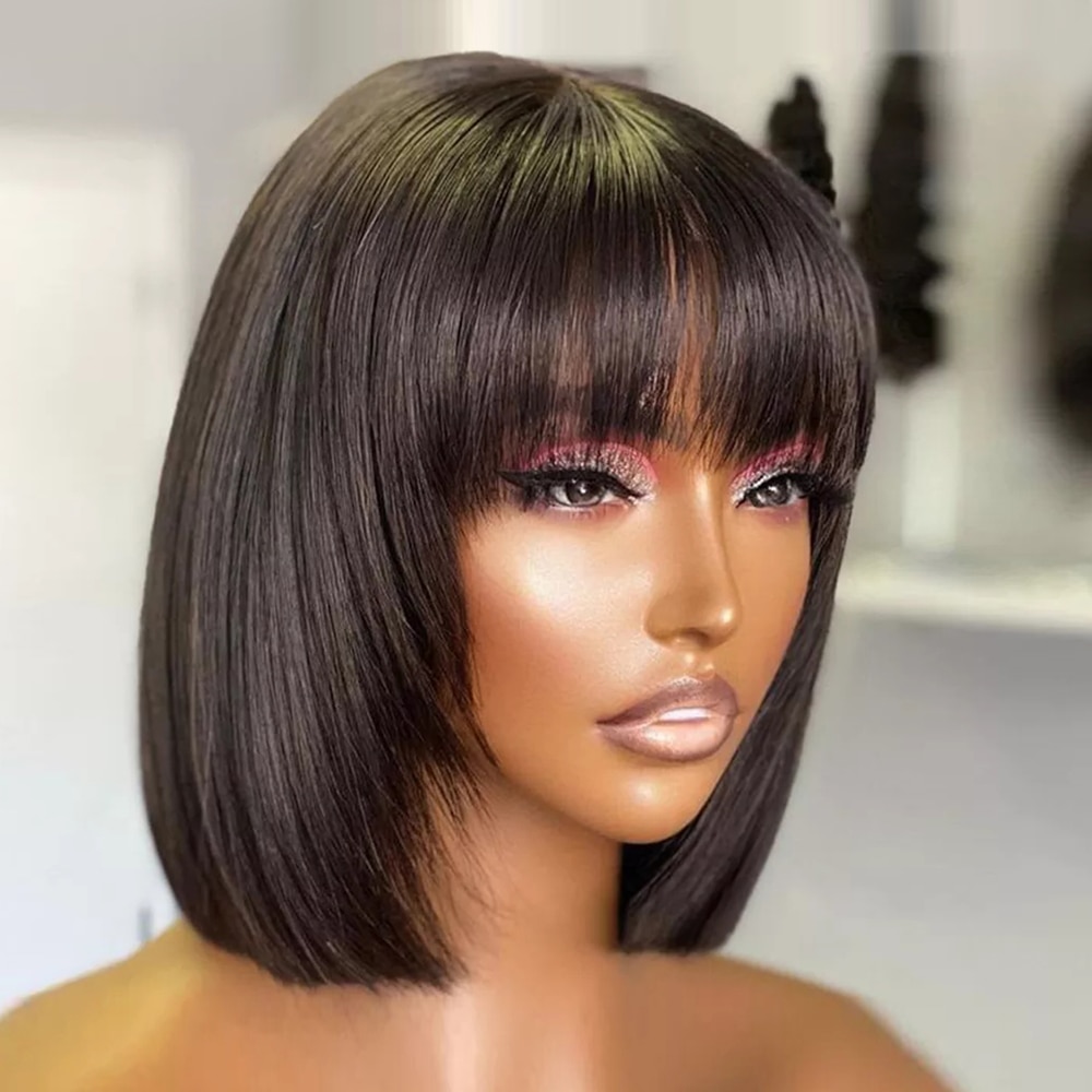 Short Bob Wig With Bangs Straight Hair Bob Wigs Brazilian Human Hair Wig Remy Full Machine Made Wig for Women Glueless Bob Wig