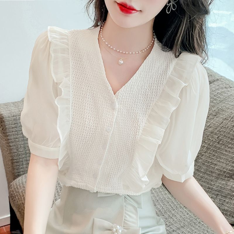 Kiểu Dáng Đẹp Cổ Chữ V Mỏng Cho Nữ 2023 Tay Áo Bong Bóng Kiểu Pháp Mới Mùa Hè Áo Ngắn Tay Áo Voan