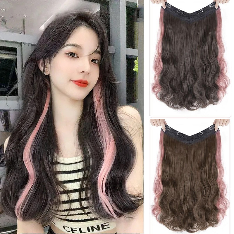 55cm Synthetic Long Curly V-shaped Hair Extension Splicing Pink Grey Cyan  Natural Invisible One Piece Hairpiece for Women | Lazada PH