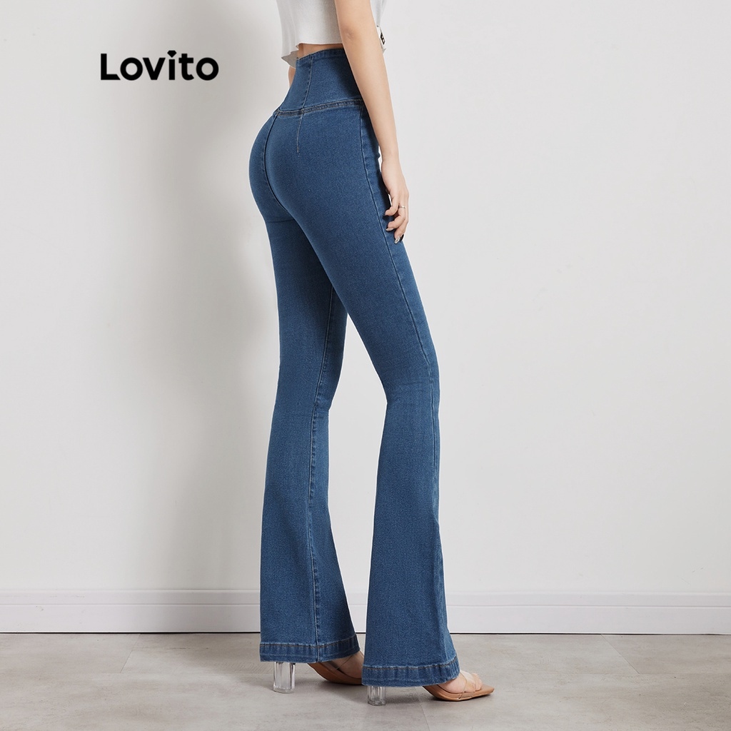 ✴♕ Lovito Casual Plain V-Shape High Waist Flare Leg Denim Jeans