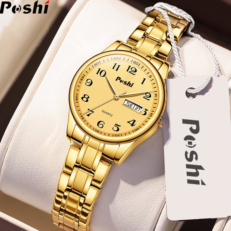 Đồng Hồ Thời Trang Nữ Size nhỏ xinh dây kim loại mạ vàng có lịch đôi chống thấm nước - POSHI 914