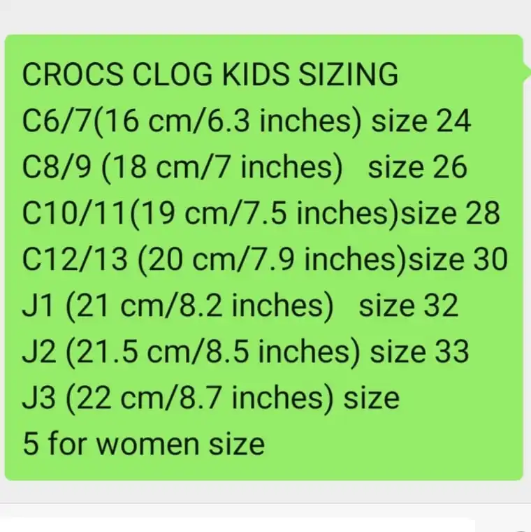 crocs j3 size in inches