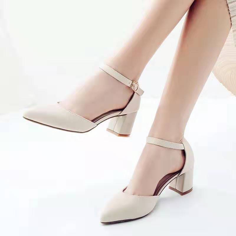 Korean Women High Heels Sandals Block Heel 2.5 leather and