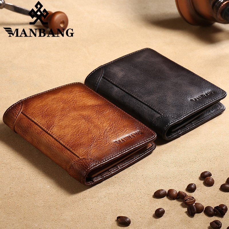 Manbang người đàn ông của ví RFID da thật trifold ví cho nam với khe để chứng minh thư và ví đựng thẻ tín dụng