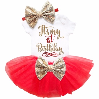 One Year Old Baby Girl Birthday Outfits Lovely 3 Pcs Sets Sequins Bow Headband Rompers Summer Tulle Mini Dress - Intl June 2018 - 3 One year old baby girl birthday outfits lovely 3 pcs sets sequins bow headband rompers summer tulle mini dress - intl - 3