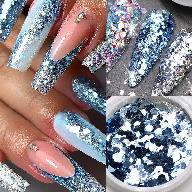 1 Box Iridescent Nail Powder Silver Glitters Flakes Nail Art