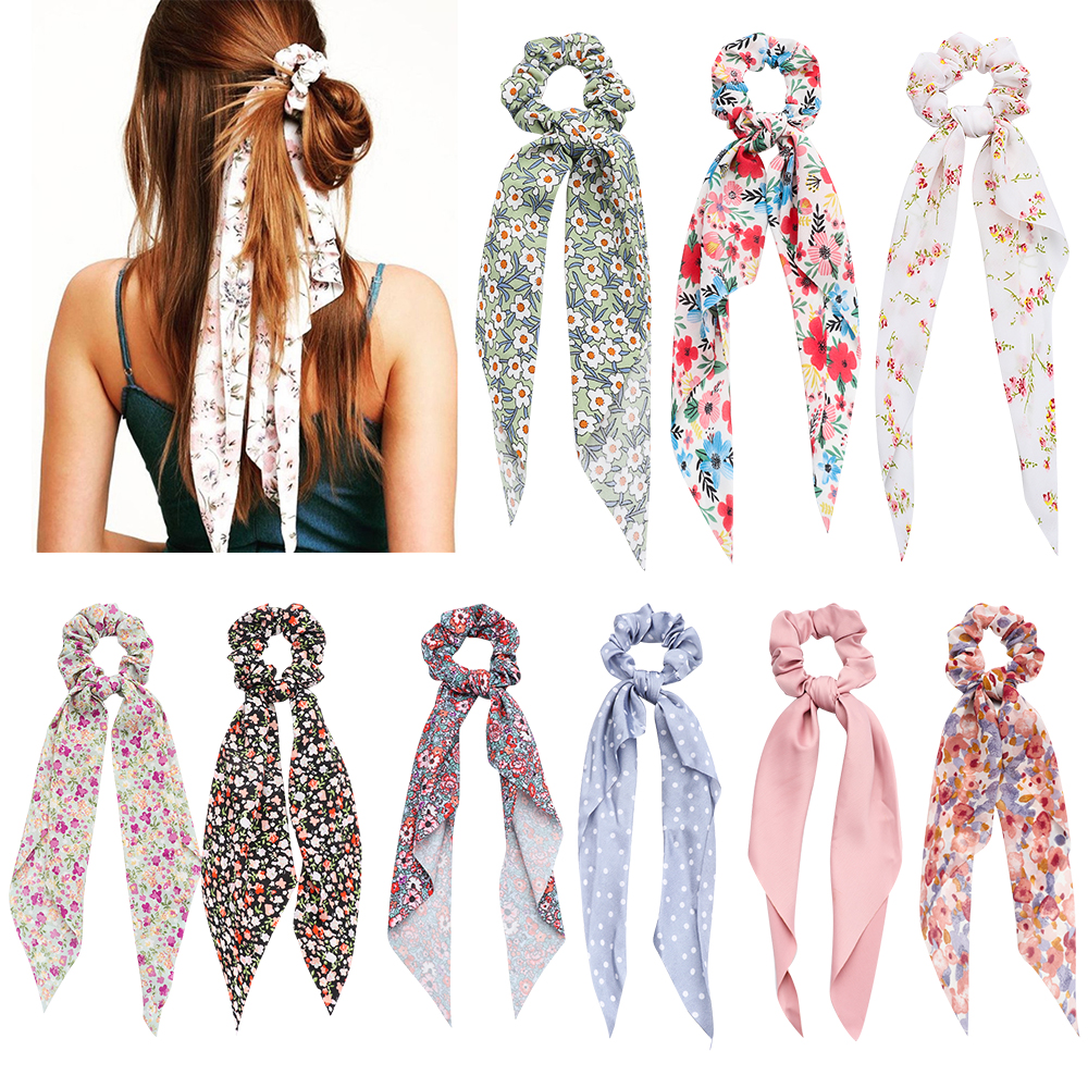 PAN6303936269 Fashion Bow Ribbon Scrunchie Hair Accessories Boho Floral Print Scrunchies Elastic Hair Bands Ponytail scarf Long Ribbon Hair Tie